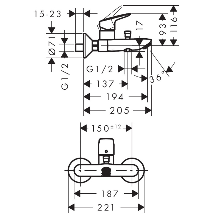 71400670 Hansgrohe Logis Смеситель для ванны, настенный, цвет: черный матовый