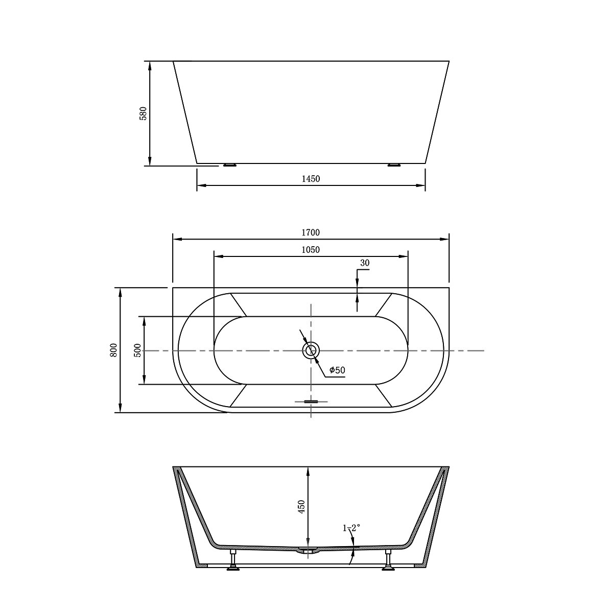 Ванна акриловая Vincea VBT-421-1700MW, 1700*800*580, цвет белый матовый, щелевой перелив, слив белый