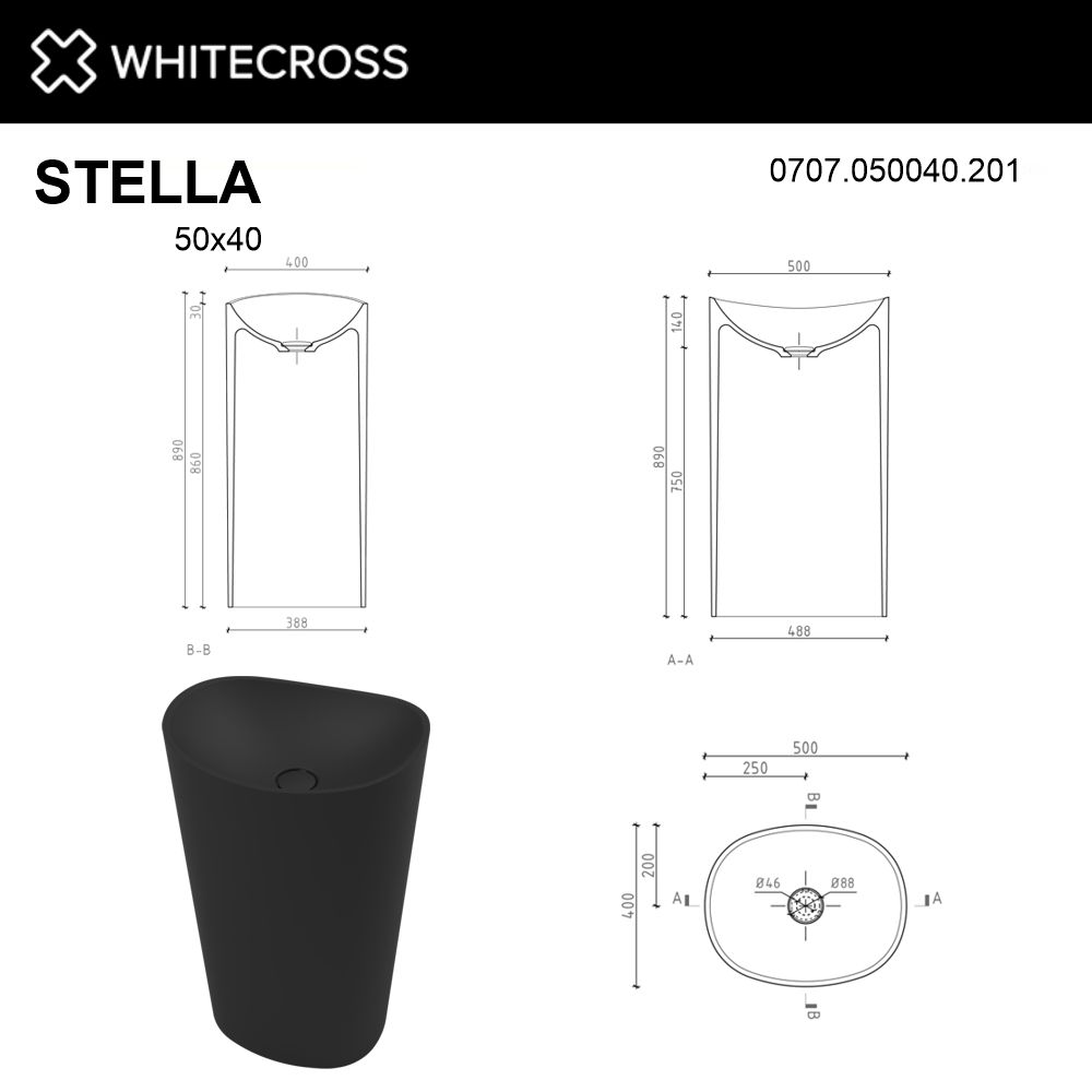 Умывальник WHITECROSS Stella 50x40 (черный мат) иск. камень