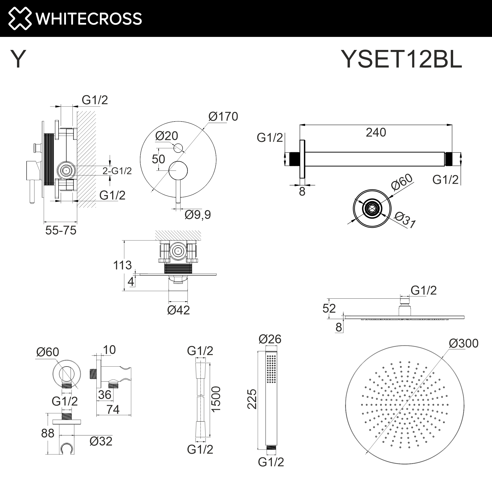 Система для душа скрытого монтажа WHITECROSS YSET12BL (черный мат)
