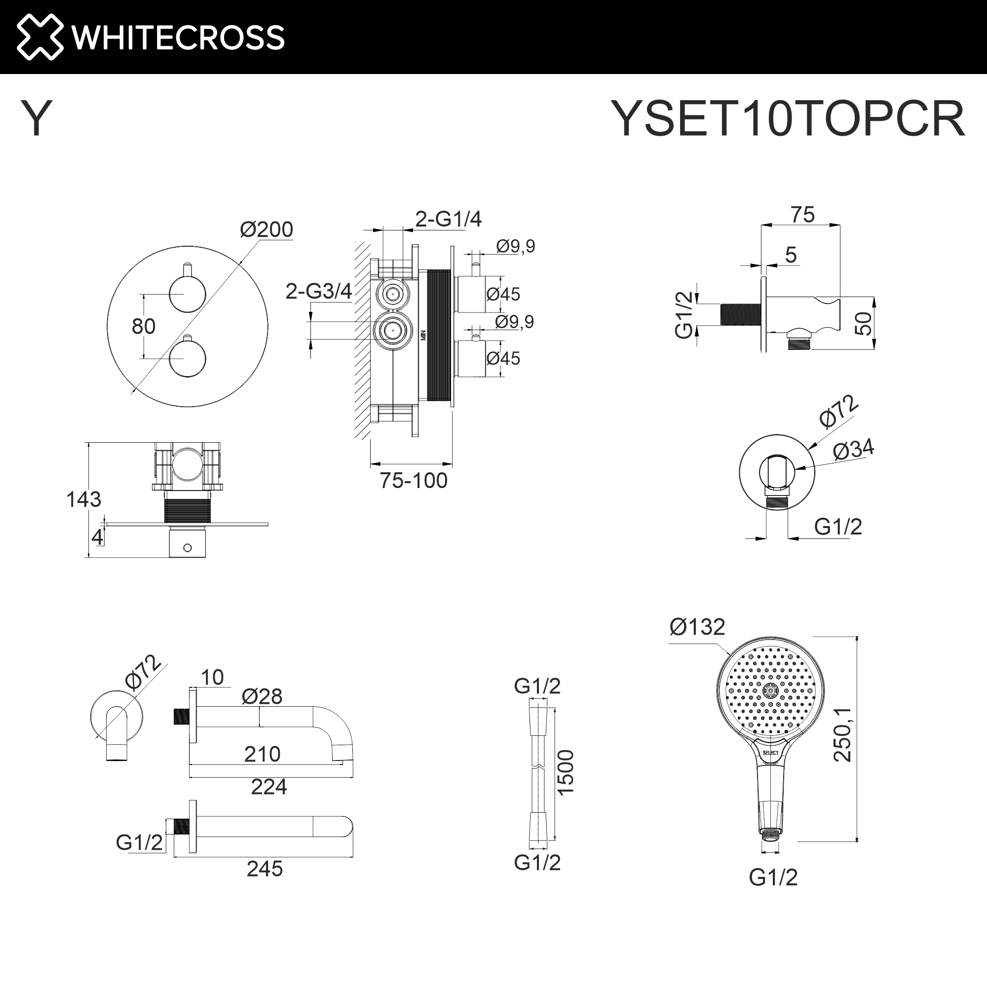 Термостатическая система для ванны скрытого монтажа WHITECROSS YSET10TOPCR (хром)