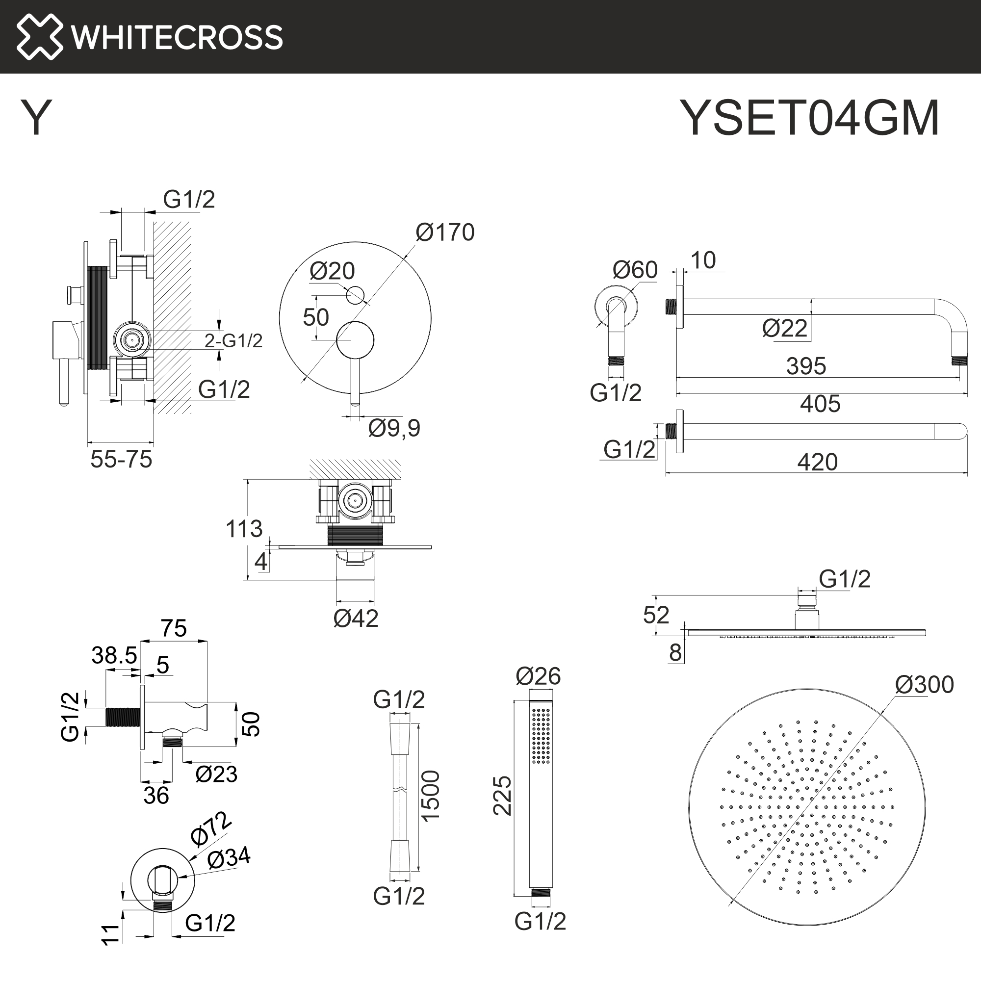 Система для душа скрытого монтажа WHITECROSS YSET04GM (оружейная сталь)