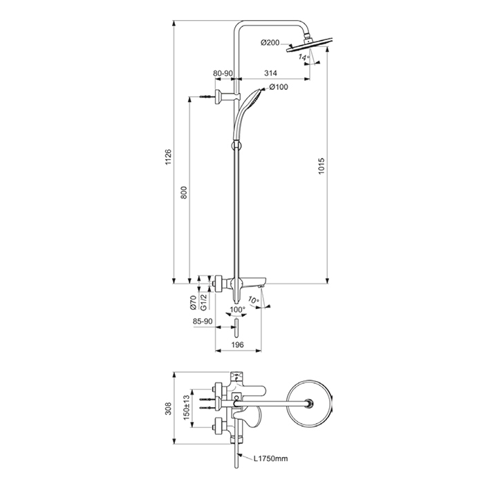 BC525AA Ideal Standard IdealRain Cerafine O Душевая система с настенным смесителем, верхним душем Ø20см.,цвет: хром