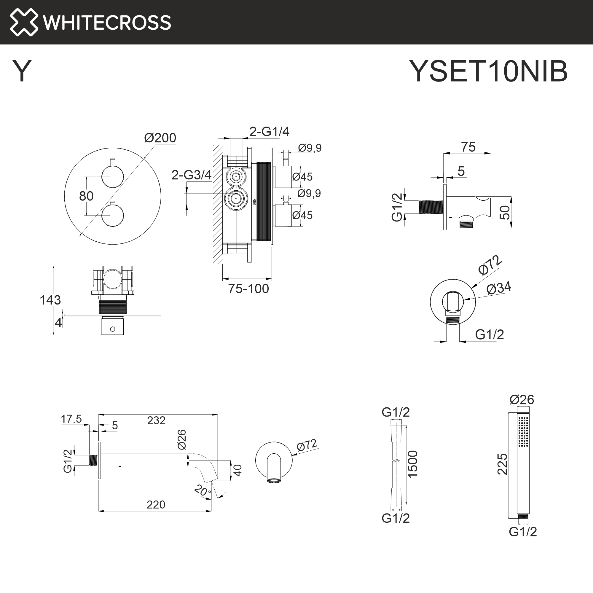 Термостатическая система для ванны скрытого монтажа WHITECROSS YSET10NIB (брашированный никель)