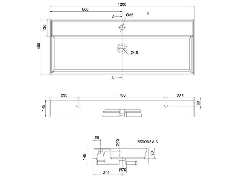 5107/R-120A TEOREMA 2.0 Раковина 120x46 накладная или подвесная с переливом, цвет White