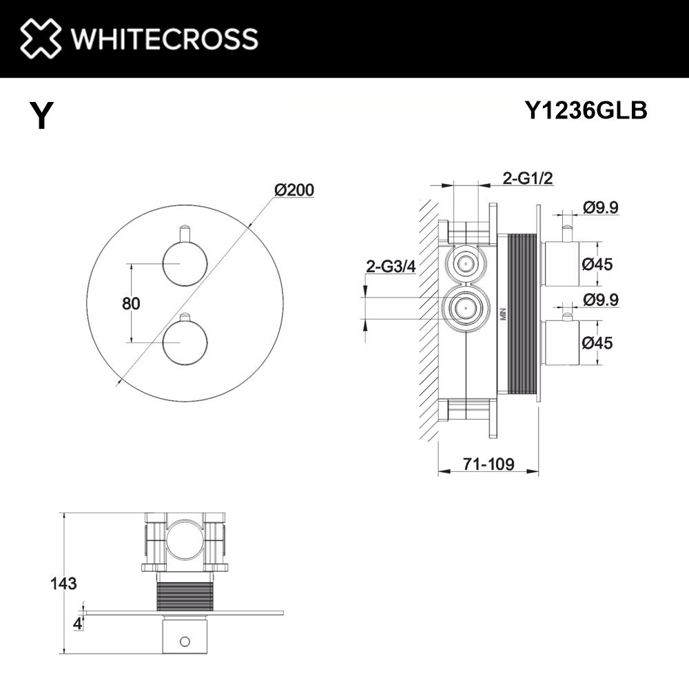 Смеситель термостат скрытого монтажа на 2 потребителя WHITECROSS Y1236GLB (брашированное золото)