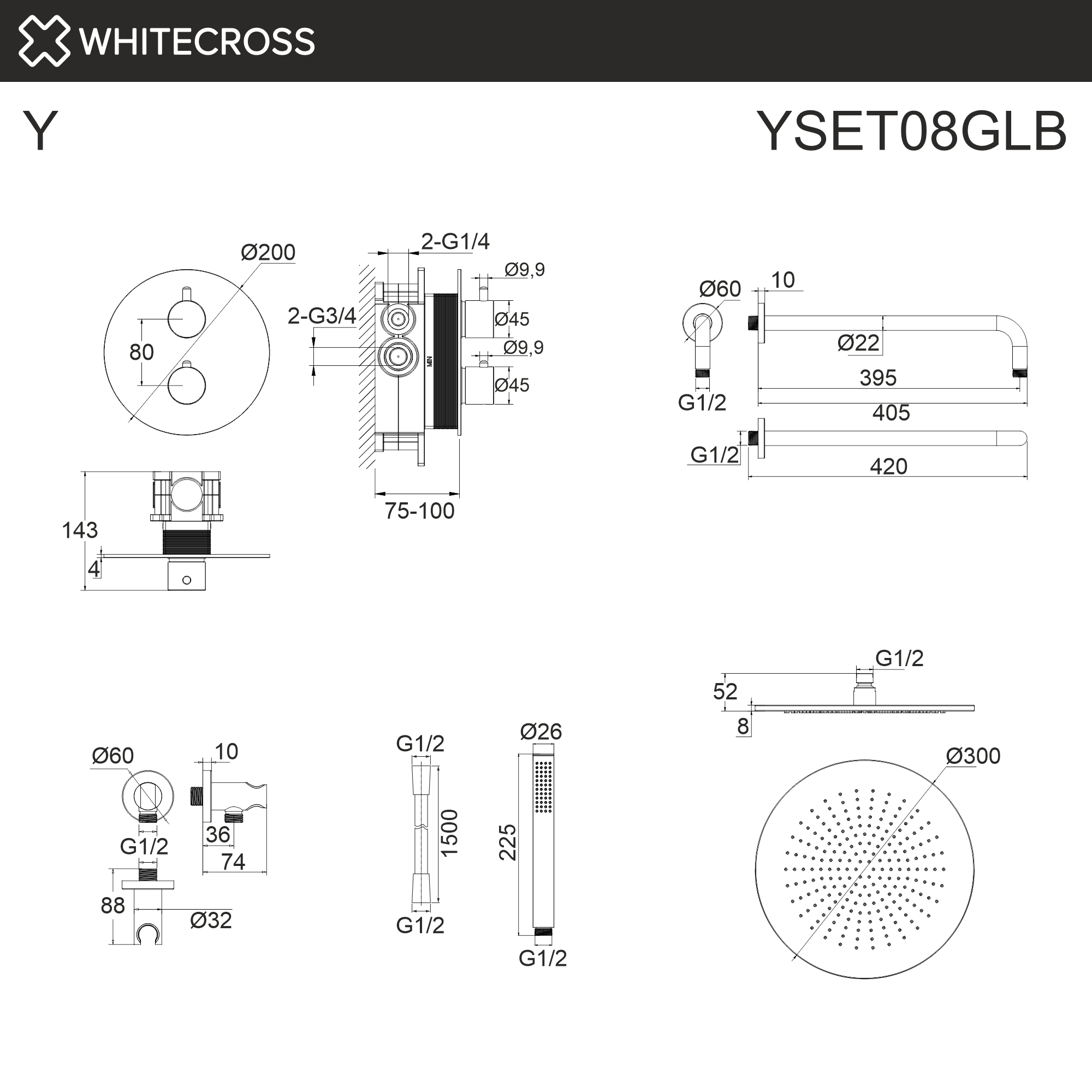 Термостатическая душевая система скрытого монтажа WHITECROSS YSET08GLB (брашированное золото)