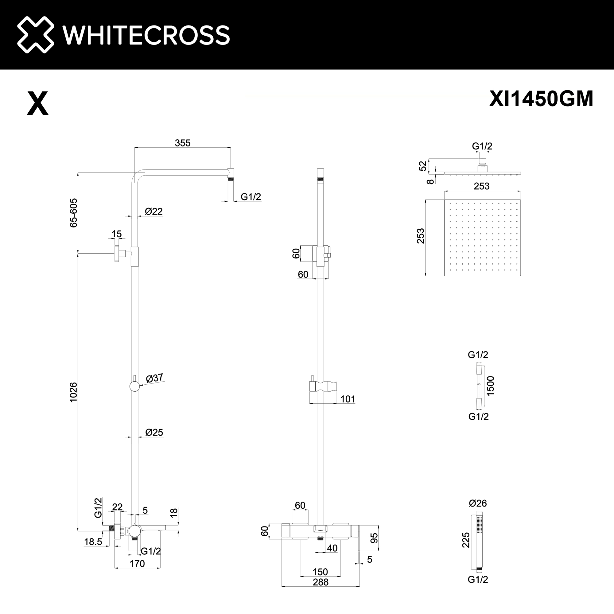 Система для душа наружного монтажа WHITECROSS XI1450GM (оружейная сталь)