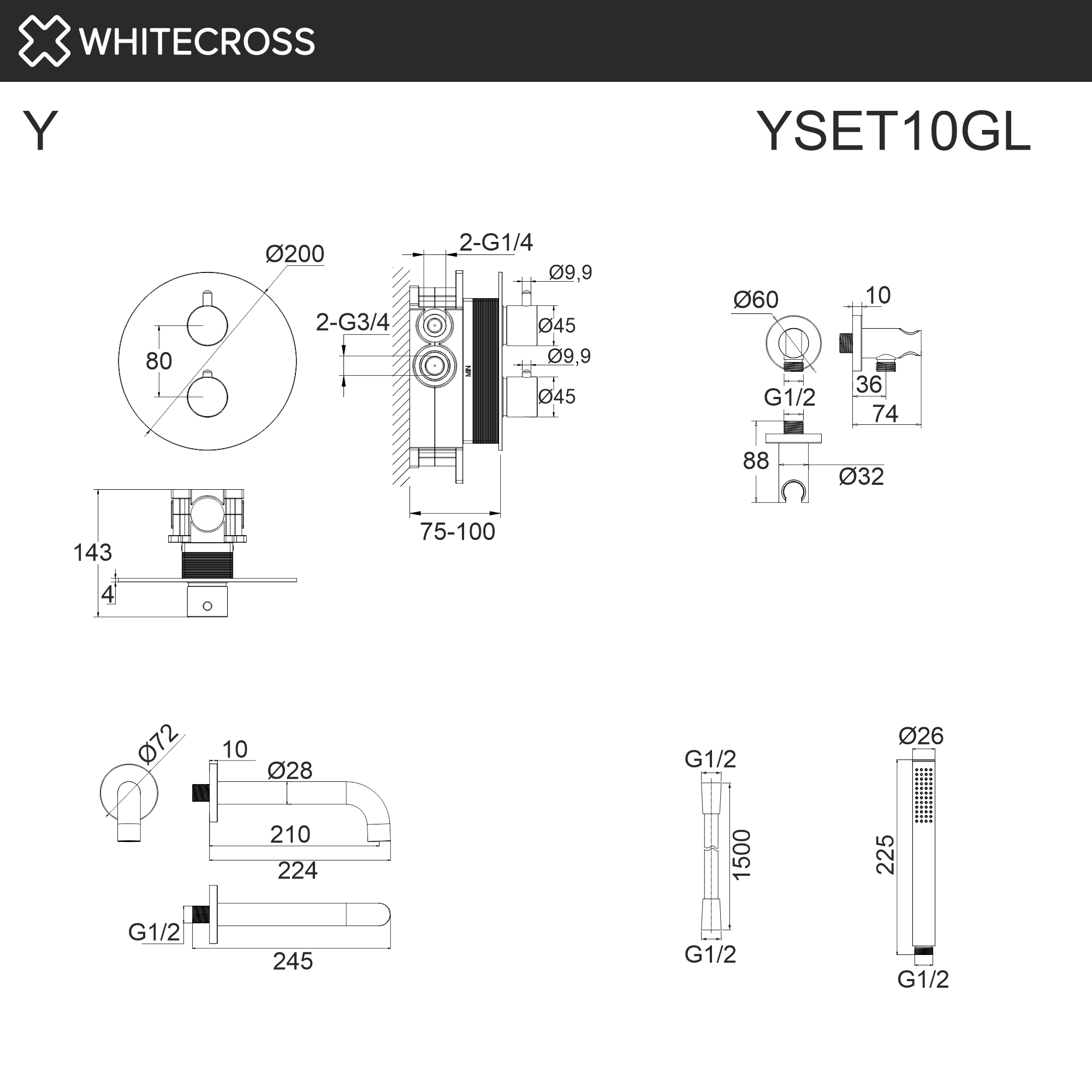 Термостатическая система для ванны скрытого монтажа WHITECROSS YSET10GL (золото)