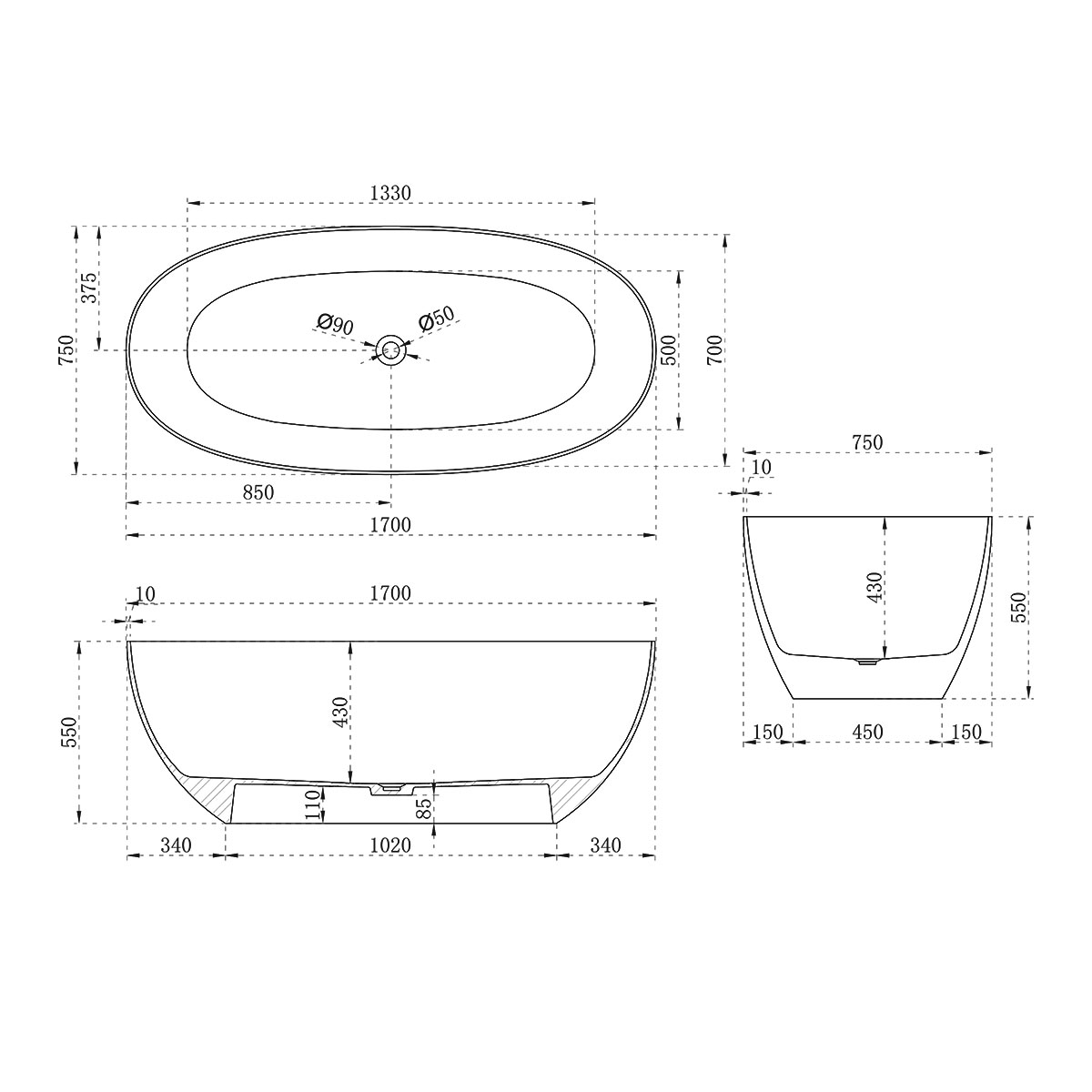 Ванна прозрачная Vincea VBT-6T01B, 1700*750*550, цвет черный