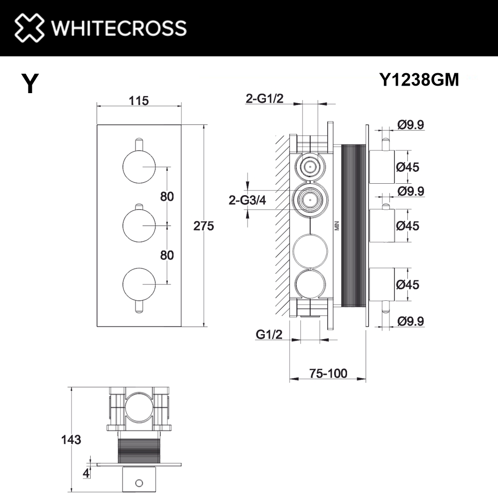 Смеситель термостат скрытого монтажа на 3 потребителя WHITECROSS Y1238GM (оружейная сталь)