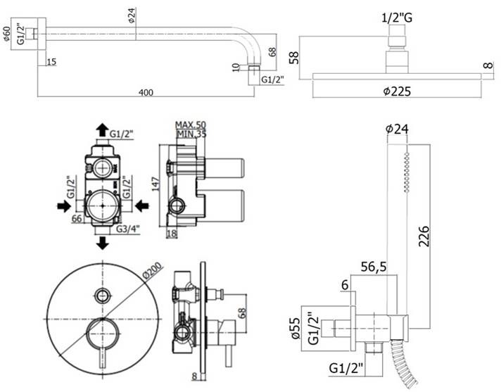 Комплект KITLIG015NO  для душа со смесителем LIG015NO на 2 выхода, душ 225мм, LIGHT, черный матовый Paffoni - 1 шт