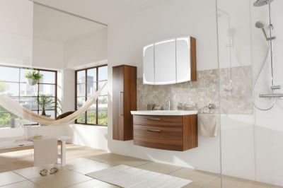 Puris Classic line 70 см: зеркальный шкаф с Led подсветкой, тумба и белая раковина из мин литья, цвет мебели орех дийон