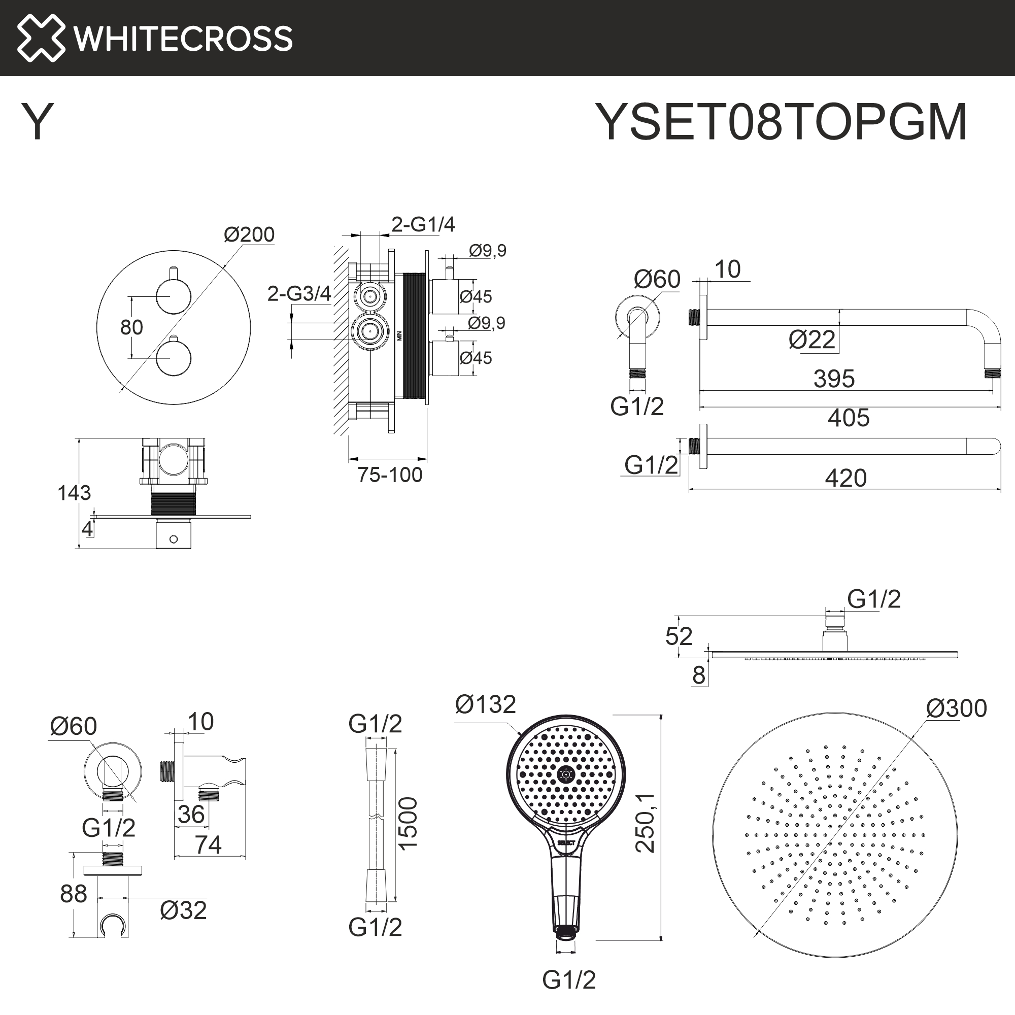 Термостатическая душевая система скрытого монтажа WHITECROSS YSET08TOPGM (оружейная сталь)