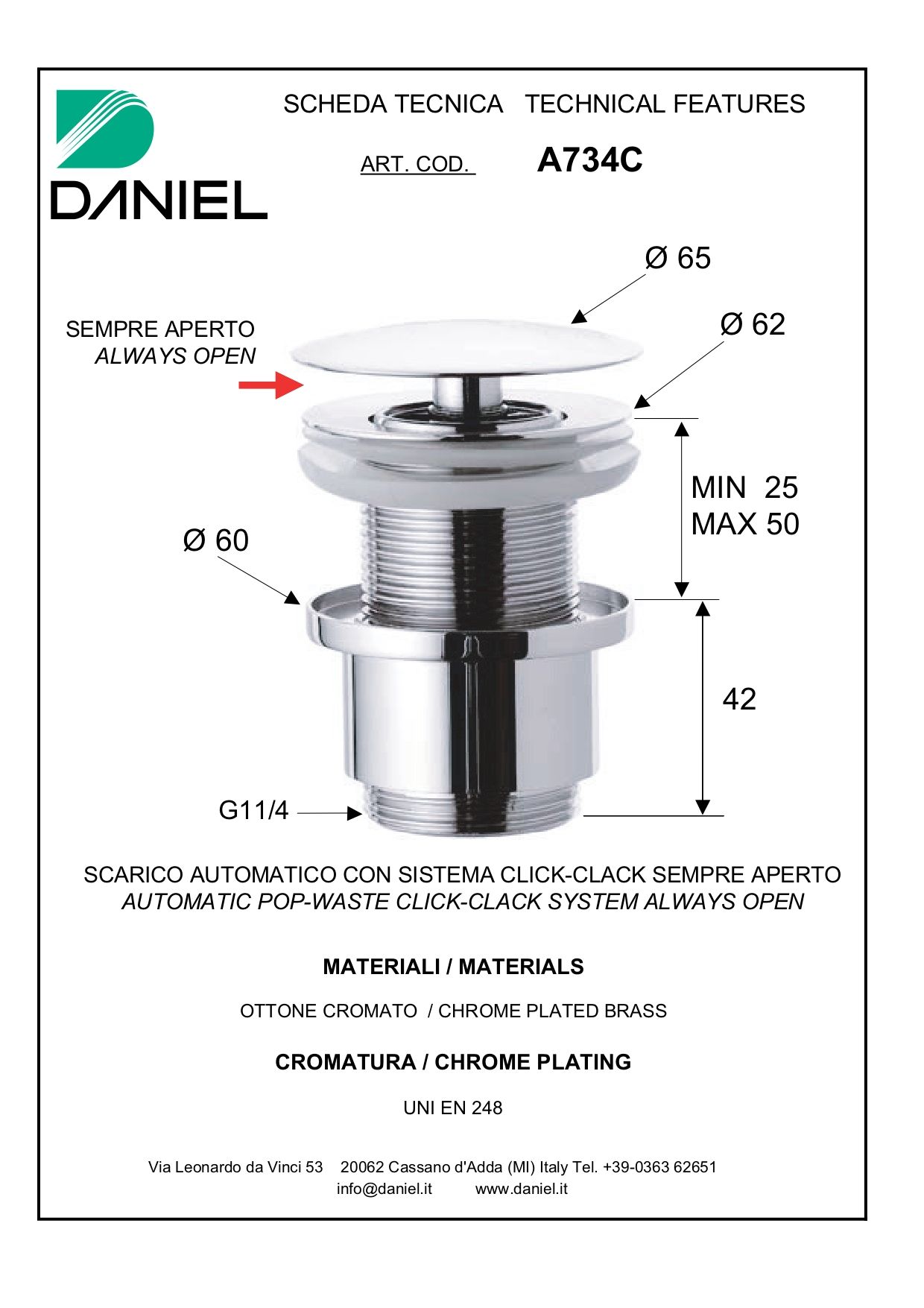 Daniel, донный клапан click-clack 1"1/4 с коротким стаканом, цвет хром A734C-CR
