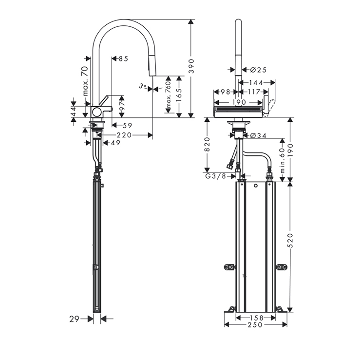 Hansgrohe Aquno Select M81 Смеситель для кухни, на 1 отв, поворотный излив 22см., с вытяжным душем, 3jet, h164мм,+каскад, sBox, цвет: хром 73831670