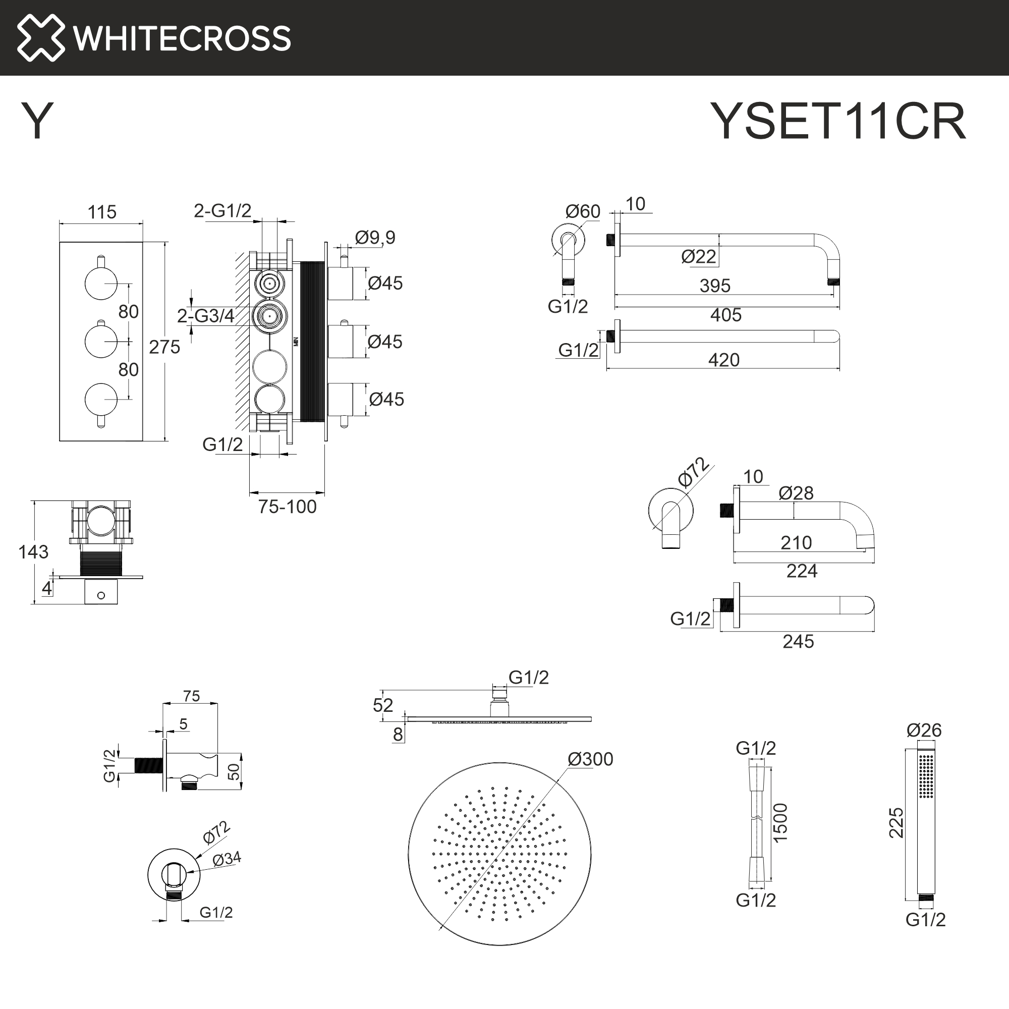 Термостатическая система для ванны скрытого монтажа WHITECROSS YSET11CR (хром)