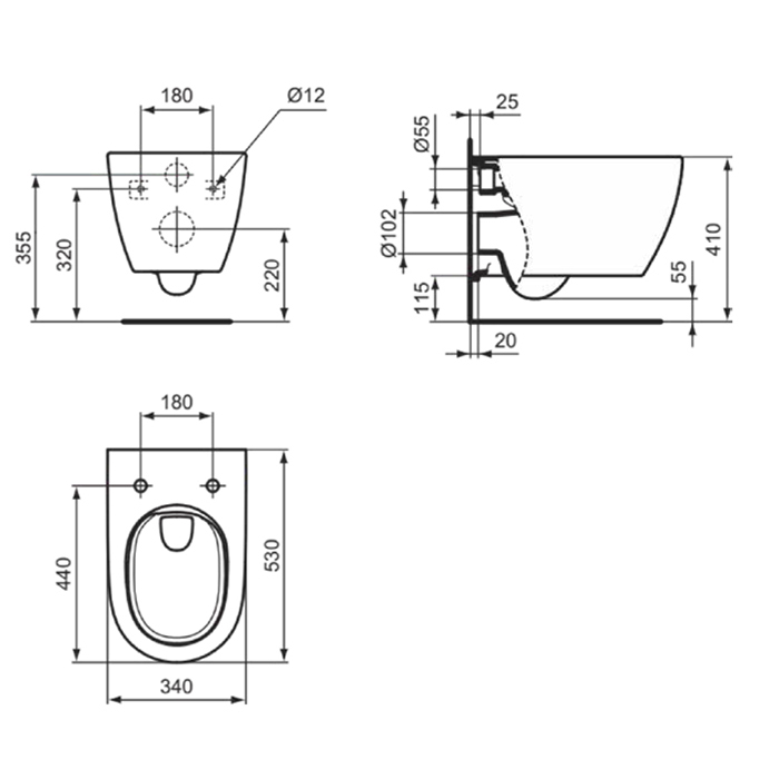 T568001 Ideal Standard I.life O Унитаз подвесной 53x35см, безободковый, смыв HydroTwist, цвет: белый