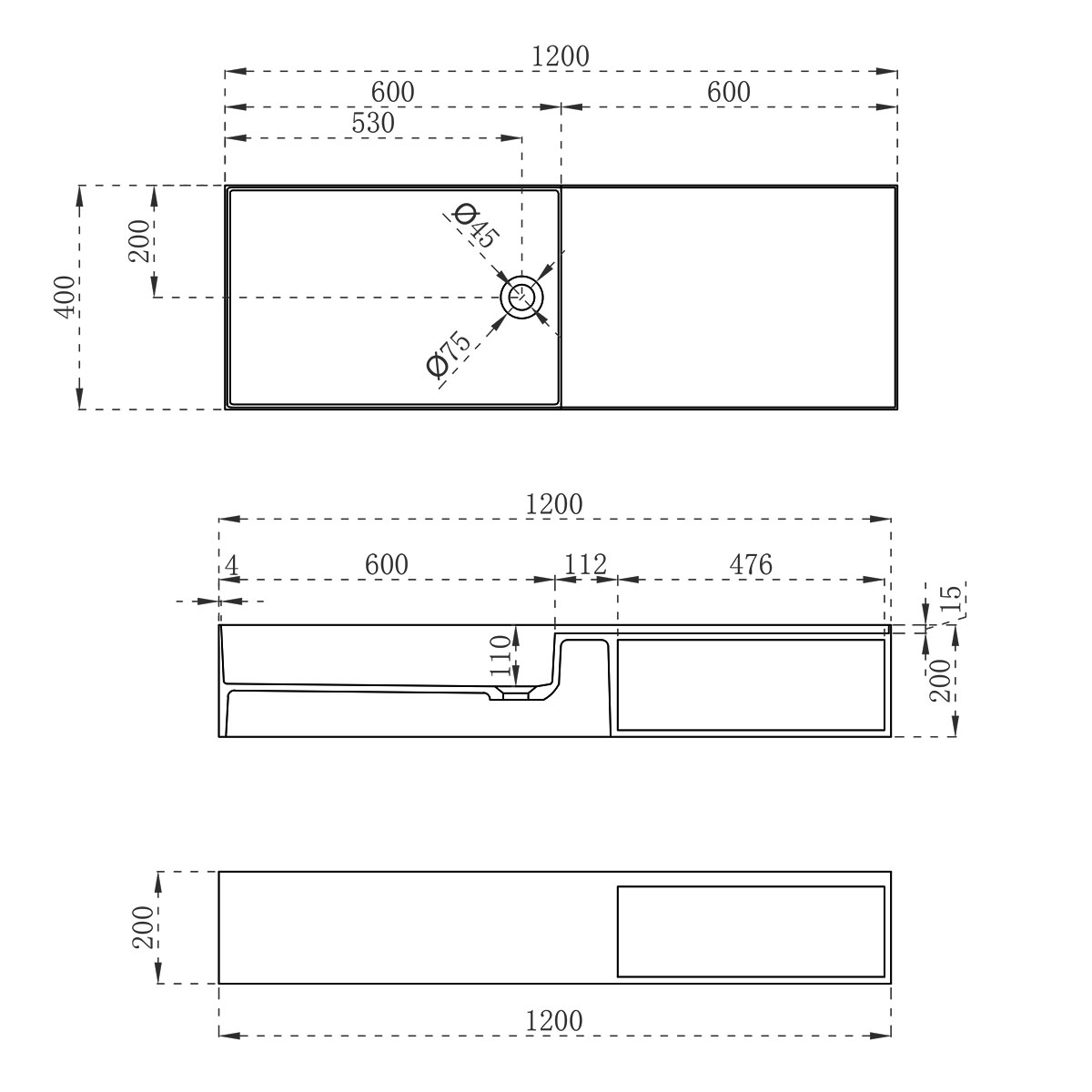 VWB-6S112MW Раковина Solid Surface Vincea  1200*400 подвесная цвет белый матовый