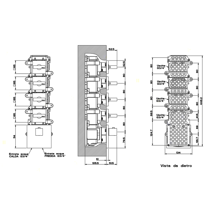 Gessi Rettangolo Встраиваемый термостатический смеситель, подключение на 3/4, с 4-мя независимыми выходами, внешняя часть, цвет: хром 43218#031