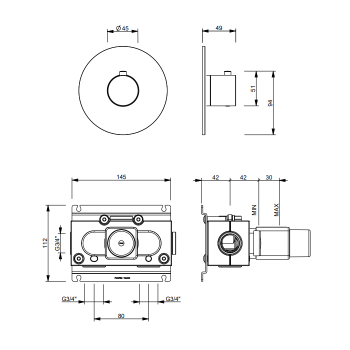Fantini Sailing Смеситель для душа, встраиваемый, термостатический, цвет: Matt Gun Metal PVD 67 P5 J200B