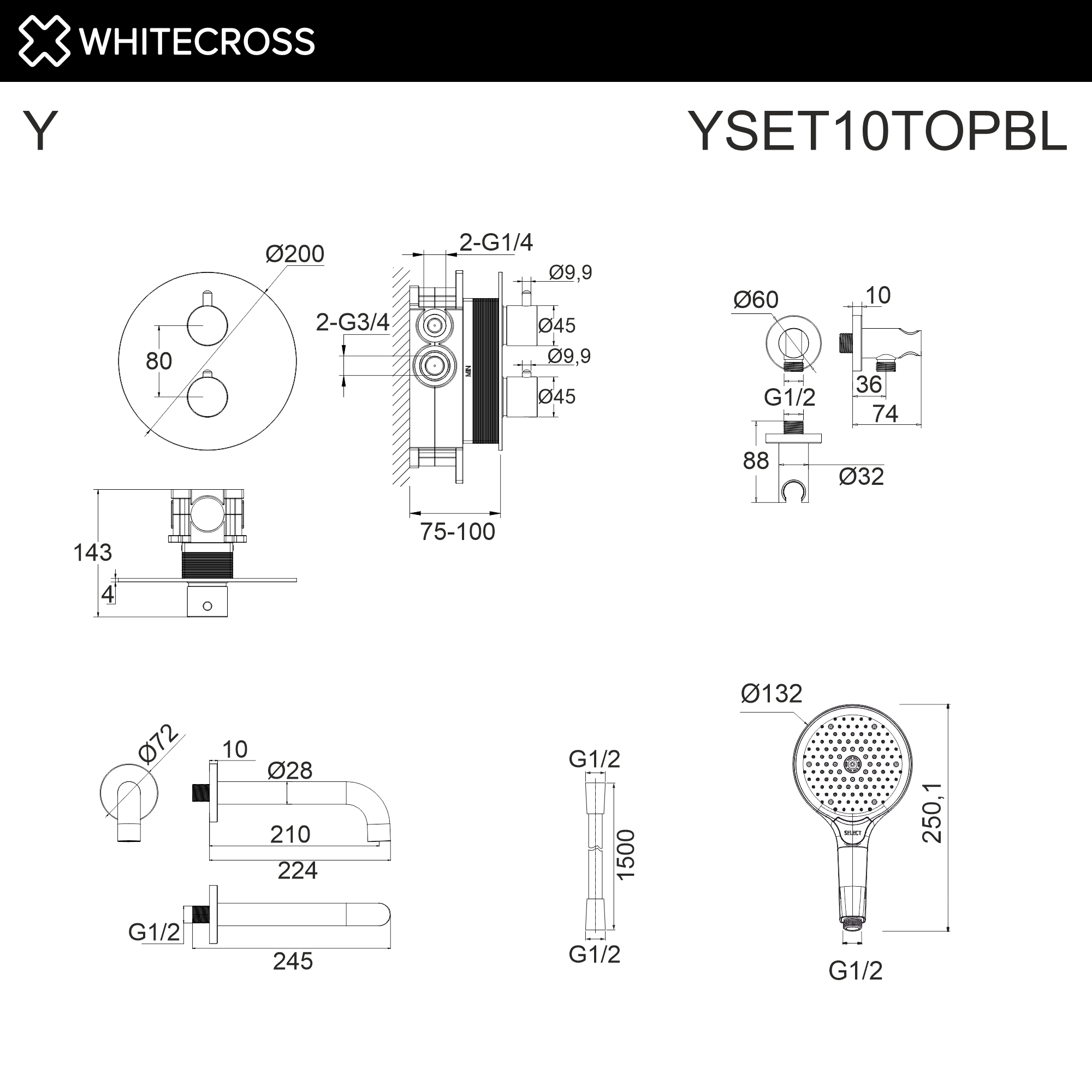 Термостатическая система для ванны скрытого монтажа WHITECROSS YSET10TOPBL (черный мат)