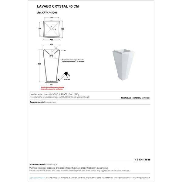 Olympia Crystal, напольная раковина 45х45см, цвет белый глянцевый CRY4745001