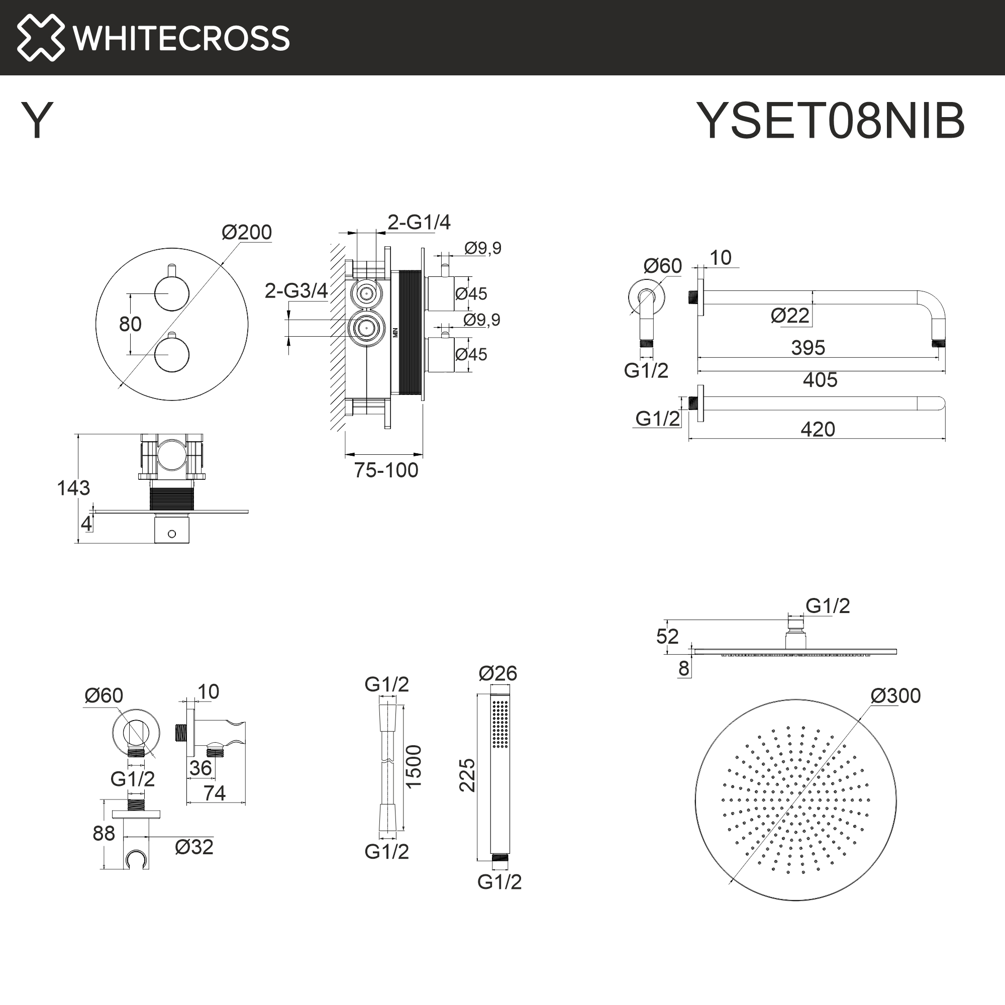 Термостатическая душевая система скрытого монтажа WHITECROSS YSET08NIB (брашированный никель)