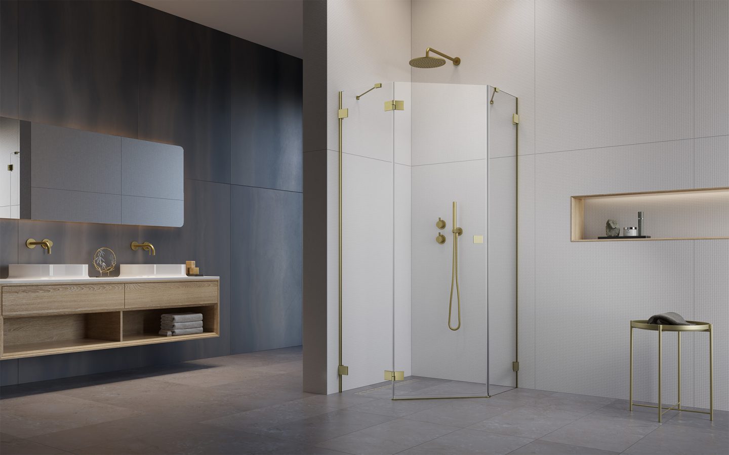 Прямоугольный душевой уголок 80X80 ESSENZA PRO BRUSHED GOLD PTJ золото брашированное