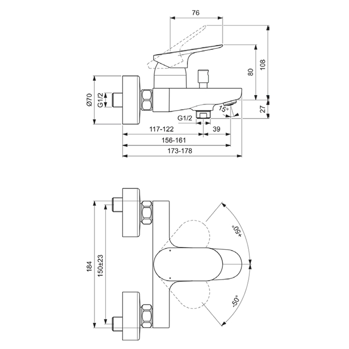 BE029AA Ideal Standard Ceralife O Смеситель для ванны, настенный, цвет: хром