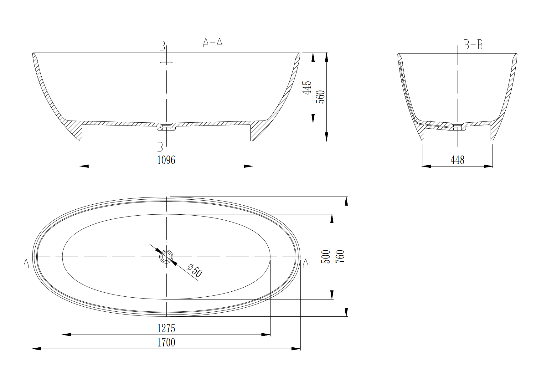 Ванна Solid Surface Vincea VBT-4S01MW, 1700*760*560, белый мат., слив-перелив в комплекте