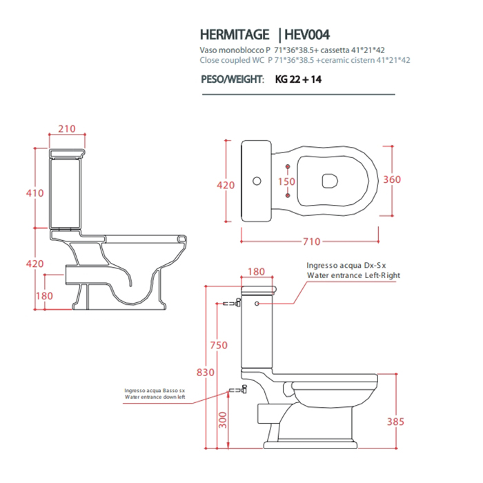 Artceram HERMITAGE унитаз моноблок 71х36см слив в стену с креплением, цвет: белый/хром