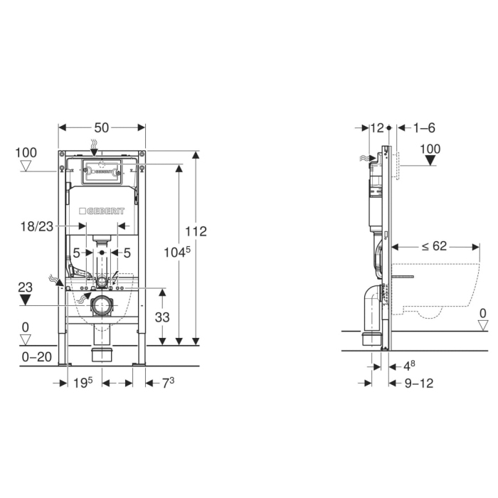 458.163.21.2 Geberit Duofix Инсталляция для подвесного унитаза, клавиша Delta20, хром
