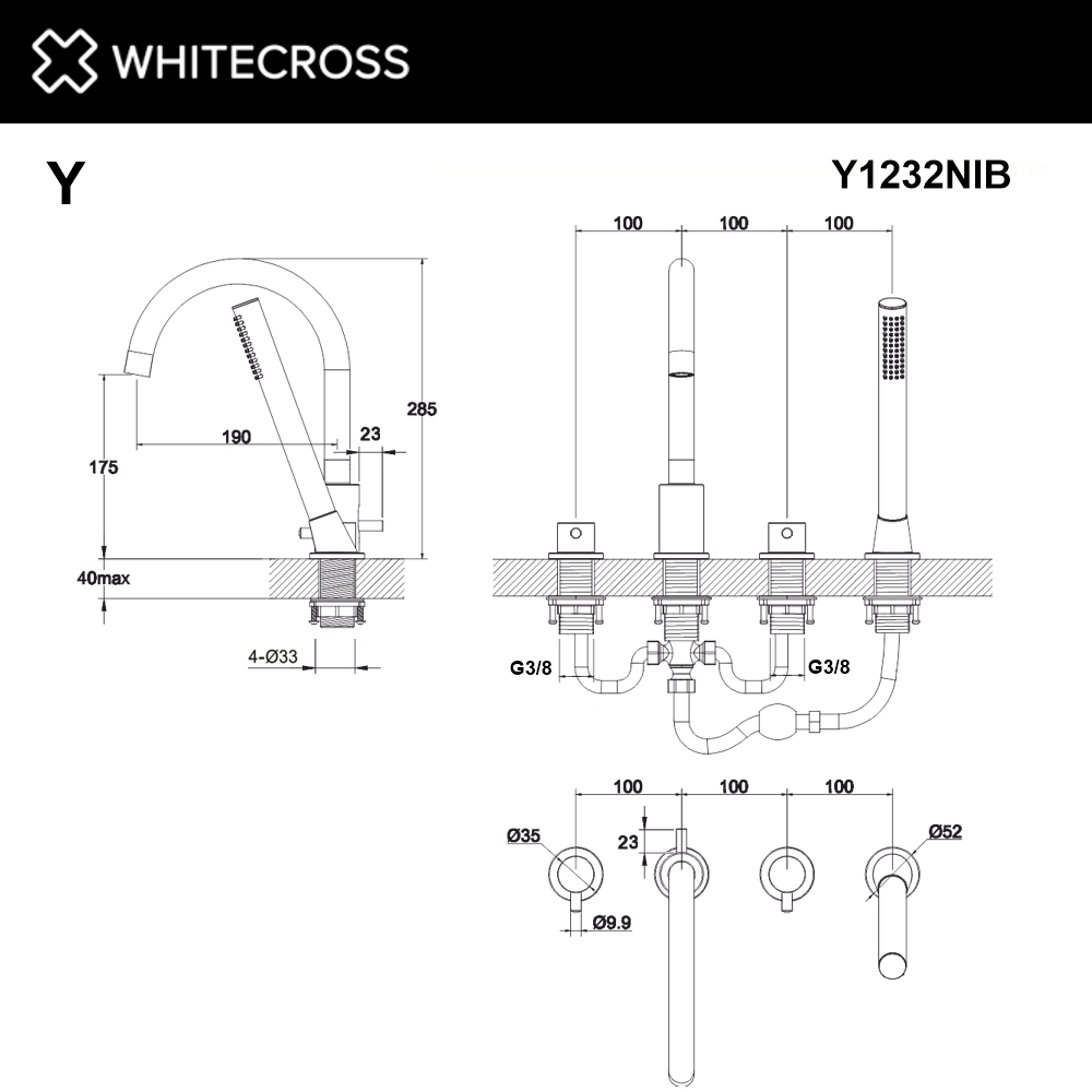 Смеситель для ванны на 4 отверстия WHITECROSS Y1232NIB (брашированный никель)