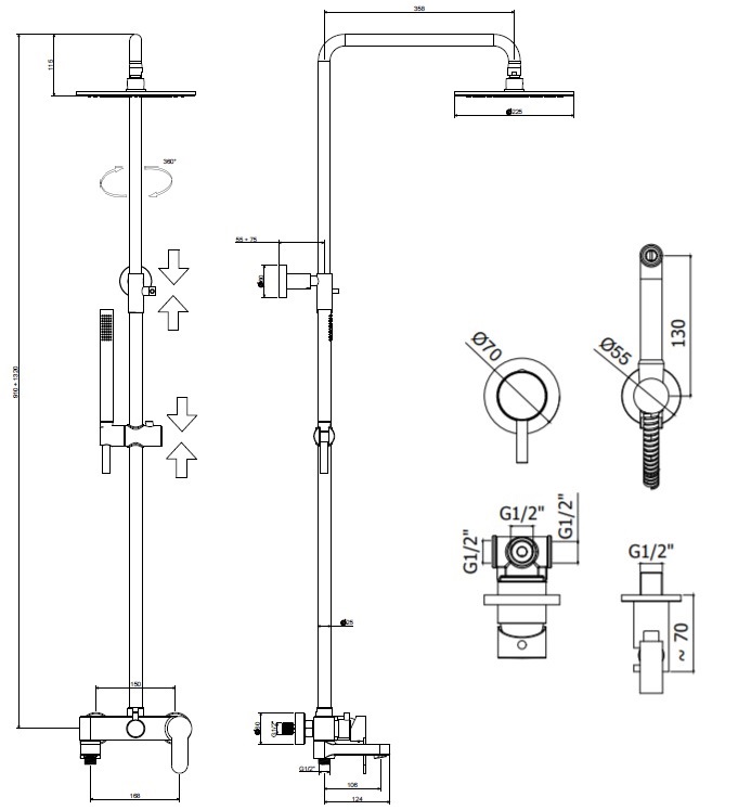 Комплект KITZCOL632NO110  для душа , с гиг.душем ZDUP110NO, Черный матовый