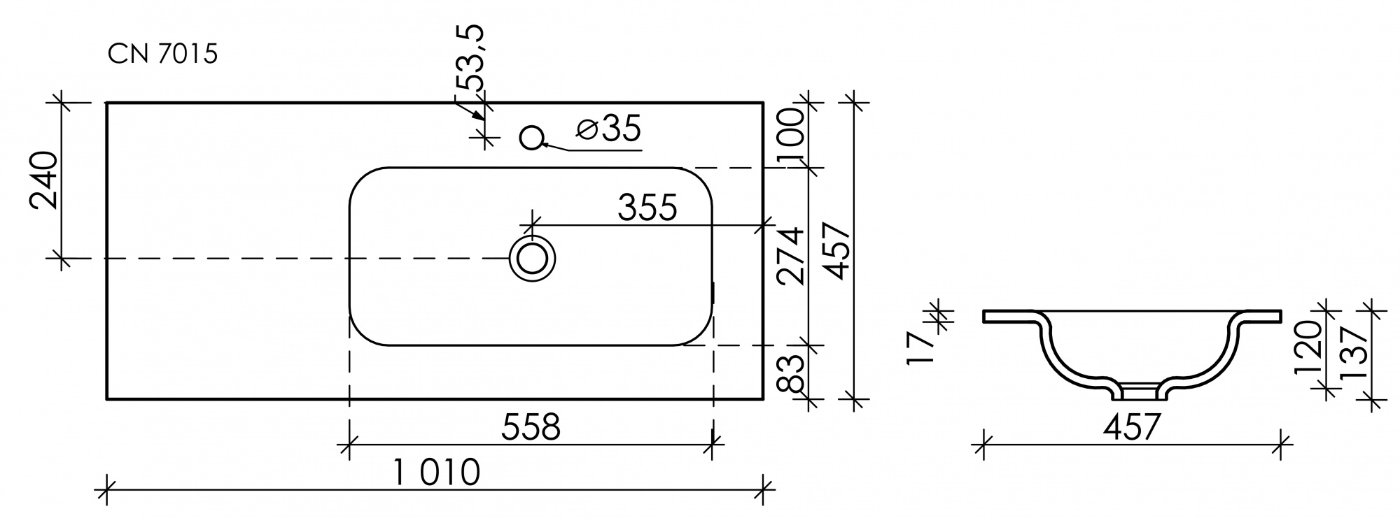 CN7015MB Ceramica Nova Раковина накладная Grace прямоугольная 1010x457x137 мм, чаша справа, цвет черный матовый